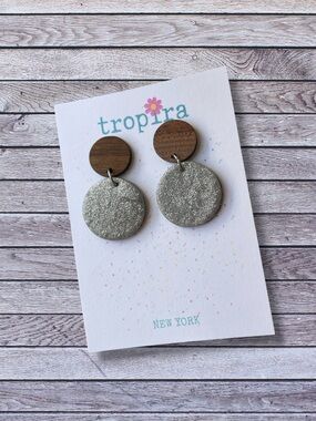 Wood & Silver Glitter Disc Drop Polymer Clay Earrings